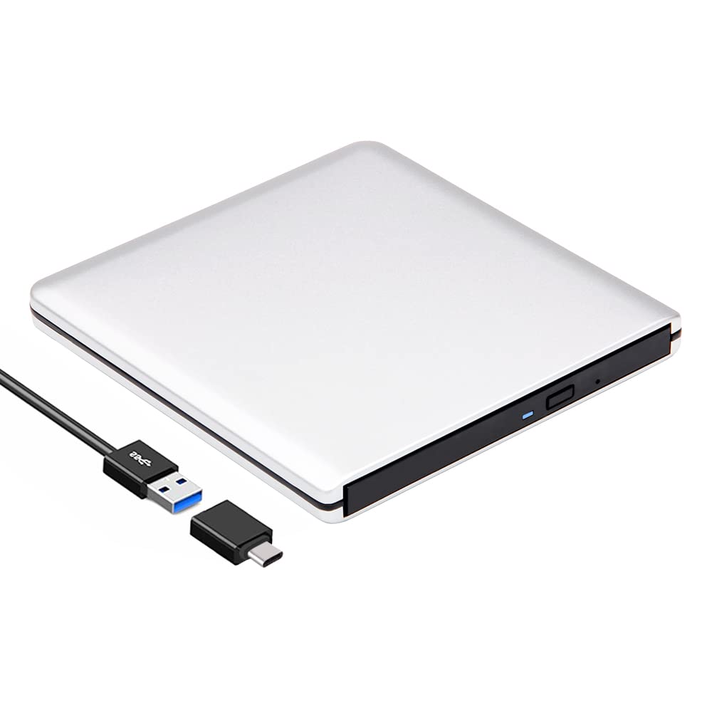 External CD DVD Drive USB 3.0/Type-C Ultra-Slim Aluminum CD/DVD-ROM Player Burner +/-RW Optical Disc Drive Reader Rewriter for Laptop PC Windows 11/10/8/7 Mac MacBook Pro Linux OS, Silver