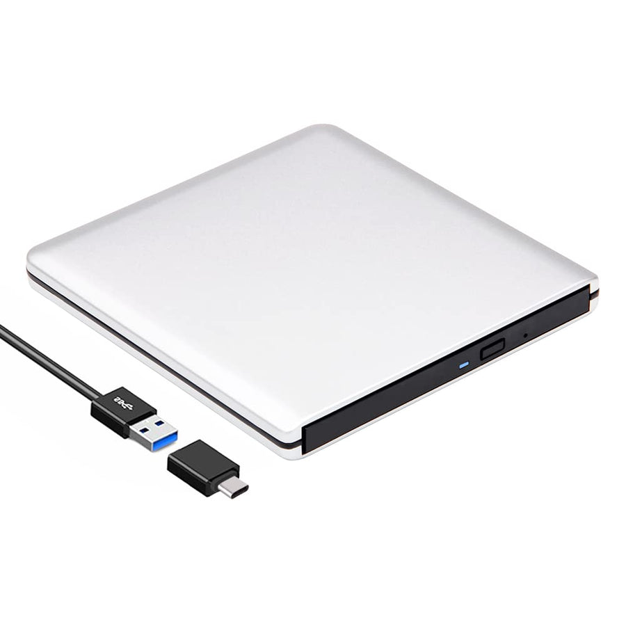 External CD DVD Drive USB 3.0/Type-C Ultra-Slim Aluminum CD/DVD-ROM Player Burner +/-RW Optical Disc Drive Reader Rewriter for Laptop PC Windows 11/10/8/7 Mac MacBook Pro Linux OS, Silver