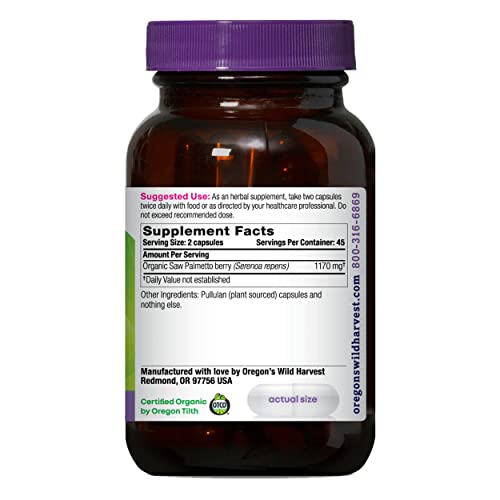 Saw Palmetto Organic Capsules, 90 Count vegetarian capsules, 1170mg