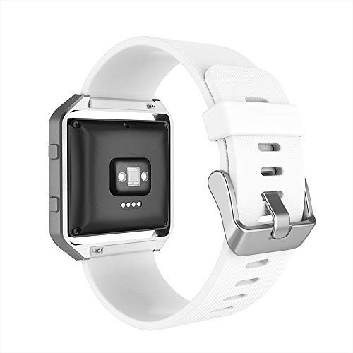 Sport Band Compatible with Fitbit Blaze Smartwatch Sport Fitness, Silicone Wrist Band with Meatl Frame Replacement for Fitbit Blaze Men Women, Small, White Band+Silver Frame
