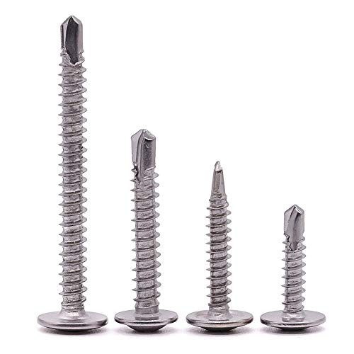 #8 x 1-1/2 (100 pcs) Stainless Wafer Head Self Drilling Screw, Modified Truss Head Self Driller, Phillips Drive Sheet Metal Tek Screws, 410 Stainless Steel, #2 Drilling Point, Dovetail Screws