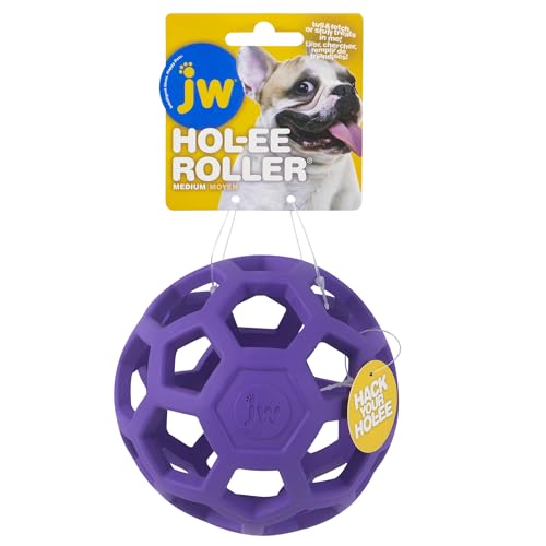 Hol-ee Roller Dog Toy Puzzle Ball, Natural Rubber, Medium (4.5 Inch Diameter), Colors May Vary