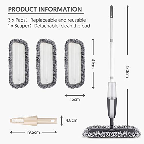 Microfiber Spray Mop for Floor Cleaning - Floor Mop Dry Wet Mop for Hardwood Laminate Tile Wood Floor Cleaning Kitchen Dust Mop with 3 Washable Pads 1 Refillable Bottle 1 Scraper