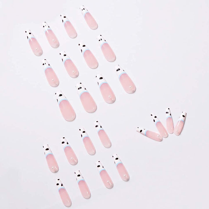 Coffin Fake Nails, 24Pcs Long Nude False Nails Cow Press on Nails Pearl Acrylic Nail Art Tips for Women and Girls