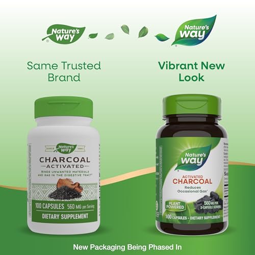 Nature&#39;s Way Activated Charcoal, Binds Unwanted Materials and Gas in the Digestive Tract*, 560 mg per 2-Capsule Serving, 100 Capsules (Packaging May Vary)
