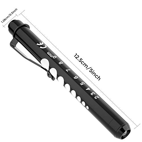 Pen Lights for Nurses, 2 Pack Reusable Medical Light with Pupil Gauge and Ruler, White Light LED Penlight for Student Doctors EMT (Black/White)