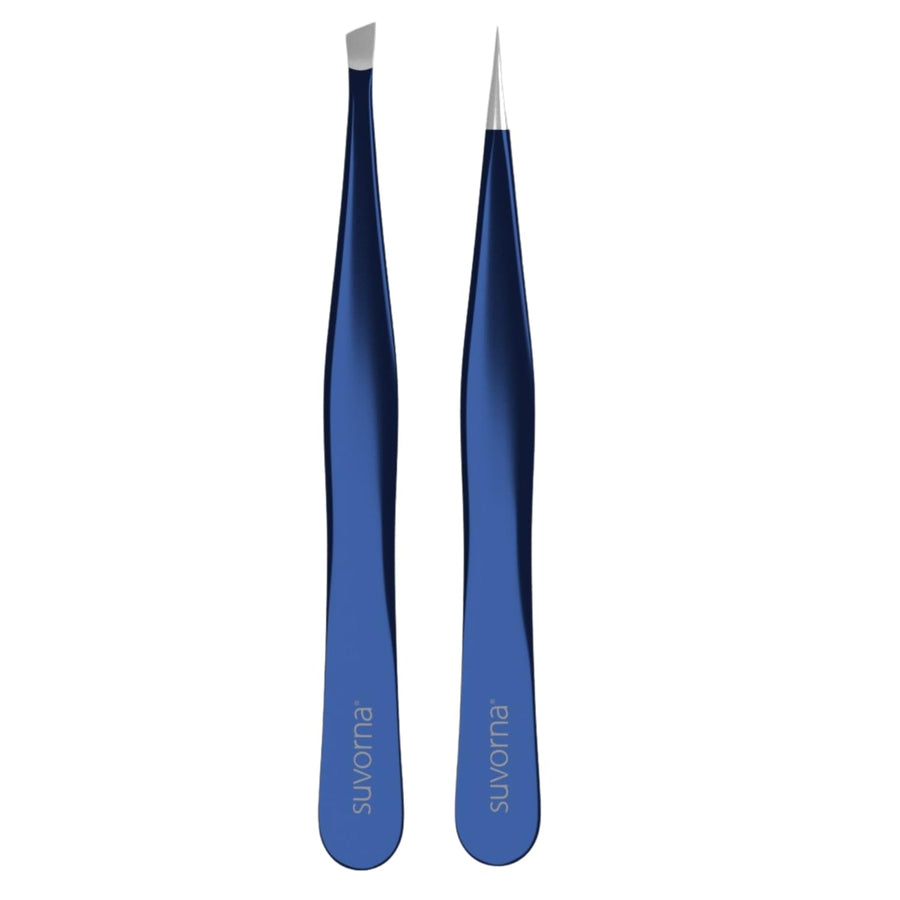 4 Precision Aligned Professional Tweezers Color Sets with Premium Stainless Steel. One Sharp Pointed Pair and One Slant Tip Pair for Eyebrow Shaping. Great for Ingrown Hair. (Blue)