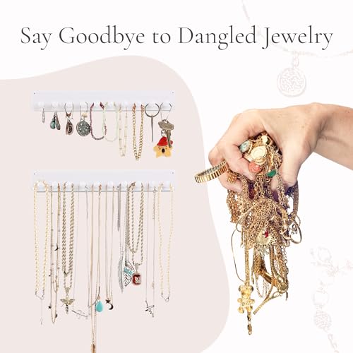 Necklace Organizer - 2 Pack - Easy-Install 10.5x1.5 Hanging Holder Wall Mount with 10 Necklace Hooks - Beautiful Necklace Hanger also for Bracelets, Earrings, and Keys (White)