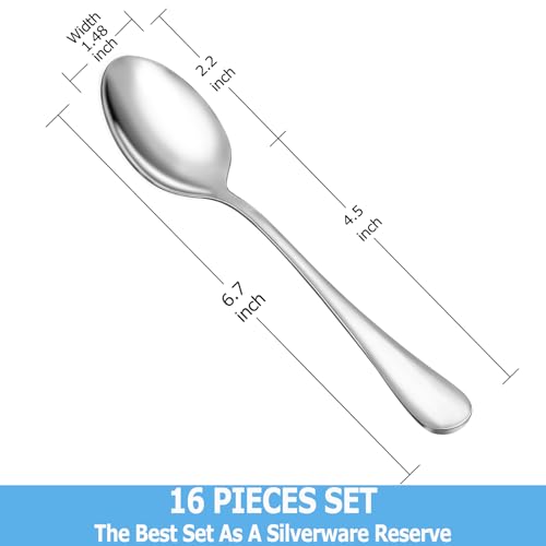 Teaspoon Set,16 Piece 6.7 Spoons Silverware,Premium Food Grade 18/10 Stainless Steel Tea Spoons,Durable Small Spoons,Good Teaspoons,Dessert Spoons,Kitchen Spoons Set,Mirror Finish &amp; Dishwasher Safe