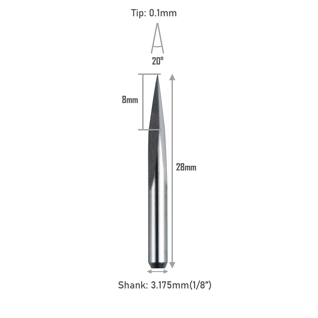 10pcs CNC Router V Bits 20 Degrees 0.1mm Tip, 1/8 Shank 3 Edge Pyramid Engraving End Mill for 3D Milling Cutter PCB Wood PVC Carbon Fiber