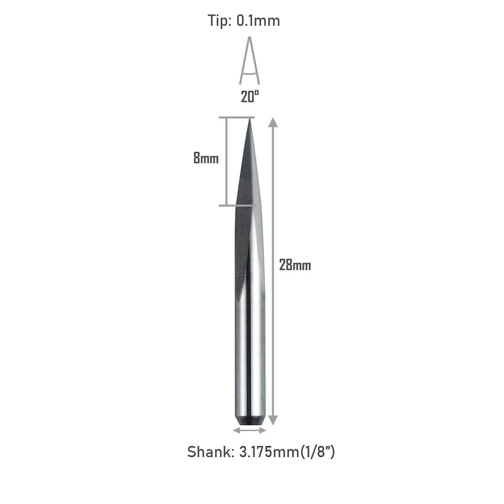 10pcs CNC Router V Bits 20 Degrees 0.1mm Tip, 1/8 Shank 3 Edge Pyramid Engraving End Mill for 3D Milling Cutter PCB Wood PVC Carbon Fiber