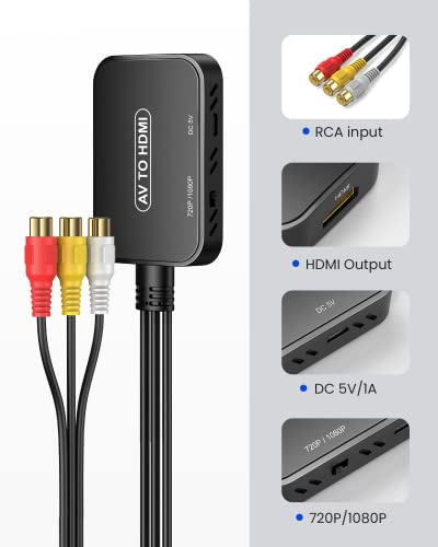 RCA to HDMI Converter, AV to HDMI Adapter,RCA to HDMI Composite Audio Video Converter for PS1, PS2, PS3, STB, Xbox, VHS, VCR,Black-Ray DVD Players(HDMI Cable Included)