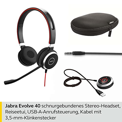Jabra Evolve 40 Professional Wired Headset, Stereo, MS-Optimized – Telephone Headset for Greater Productivity, Superior Sound for Calls and Music, 3.5mm Jack/USB Connection, All-Day Comfort Design