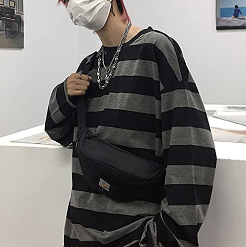 Women Harajuku Oversized Stripe Casual Long Sleeves Crewneck T-Shirt Tee Tops Grey