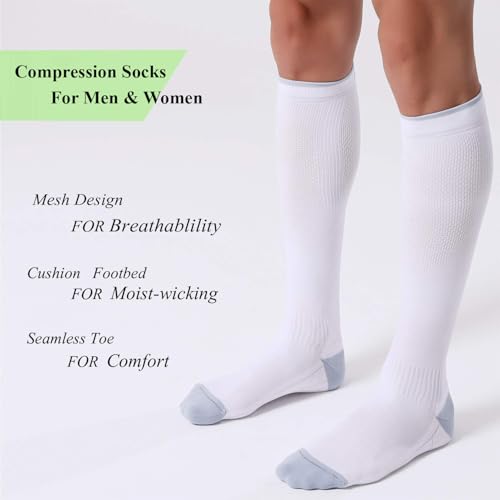 3 Pairs Compression Socks for Women and Men 20-30mmHg- Circulation and Muscle Support Socks for Travel, Running, Nurse, Knee High Socks, Black+White+Grey L/XL