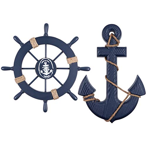 Wooden Ship Wheel, Ship Rudder Decor, Helm Wheel Wall Hanging Ornament (11(Navy Blue))