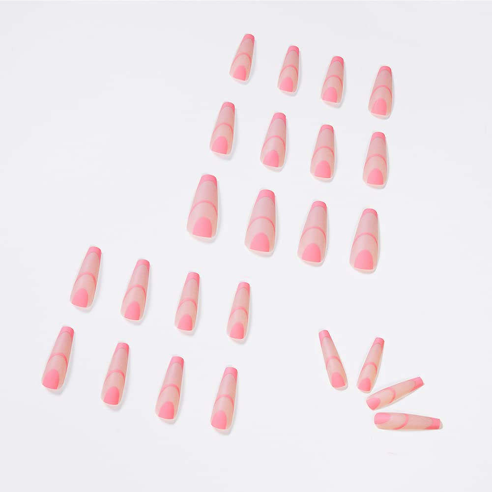 24PCS Press on Nails Wave Long Coffin Fake Nails Lines False Nails Glossy Ballerina Clip on Nails Full Cover Fake Nails for Women and Girls (Wave Fake Nails-H)