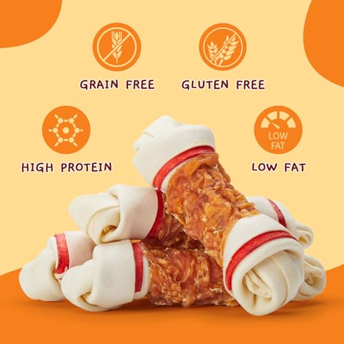 Chicken Wrap Knotted Bones Dog Chews, Long Lasting Beefhide Treats Real Rawhide Bones for Large Dogs Training Treats
