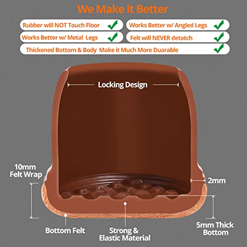 Brown Silicone Chair Leg Floor Protectors with Wrapped Felt, Extra Small Chair Leg Caps, Silicon Furniture Leg Feet Cup, Protect Hardwood Floor from Scratches 16 Pcs (Round, Brown - Fit 0.5-0.8)