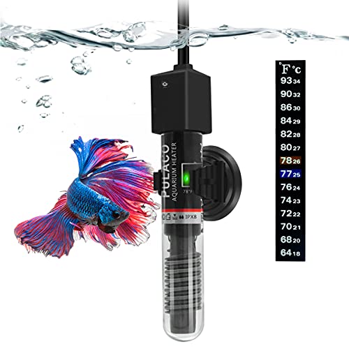 25W Small Aquarium Submersible Betta Heater with Free Thermometer Strip, Under 6 Gallon Fish Tanks (Preset Temperature 78)