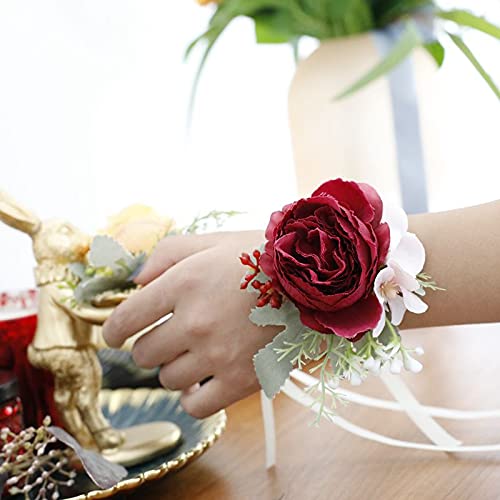 2Pcs Artificial Flowers Wrist Corsage and Boutonniere Set, Groom Groomsmen Bride Bridesmaids Wedding Flowers Accessories Prom Party Suit Decorations - Wine Red