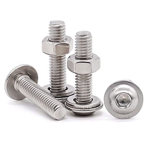 Glvaner (50 Sets) M4-0.7 x 10mm Flanged Washer Button Head Socket Cap Screws & Hex Nuts & Flat Washers, 18/8 Stainless Steel 304, Fully Threaded, Machine Coarse Thread, No Coating, Plain Finish
