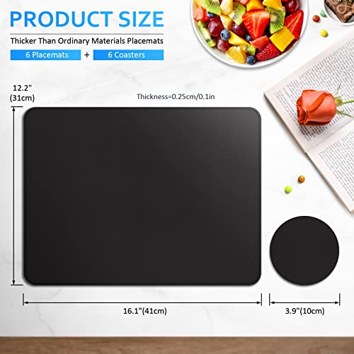 Vinyl Placemats Set of 6, Heat Resistant Dining Table Placemats Waterproof Washable Wipeable Faux Leather Place Mats and Coasters for Kitchen, Dining, Party &amp; Outdoor (Black)