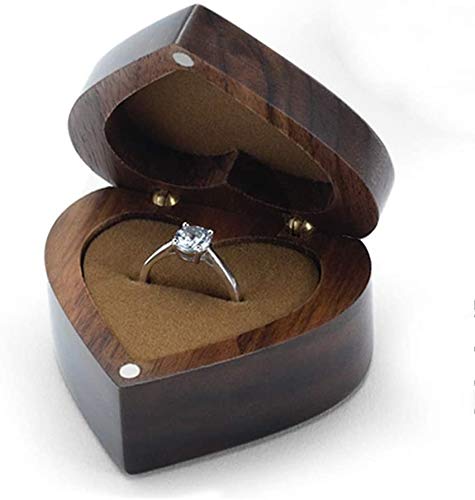 Black Walnut Wooden Engagement Ring Box, Solid Wood Heart Shaped Ring Box for Proposal Wedding