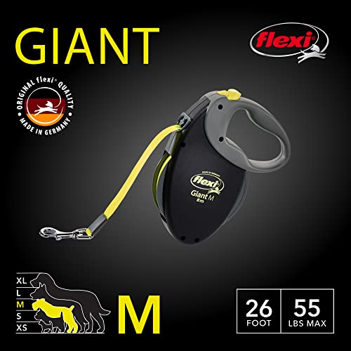 Giant Tape Retractable Dog Leashes for Medium Dogs Upto 55 lbs. – 26 ft., Black | Tangle Free Pet Walking Leash with One-Handed Brake, Pause, Lock|German Quality Product