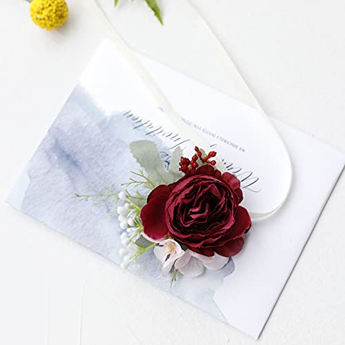 2Pcs Artificial Flowers Wrist Corsage and Boutonniere Set, Groom Groomsmen Bride Bridesmaids Wedding Flowers Accessories Prom Party Suit Decorations - Wine Red