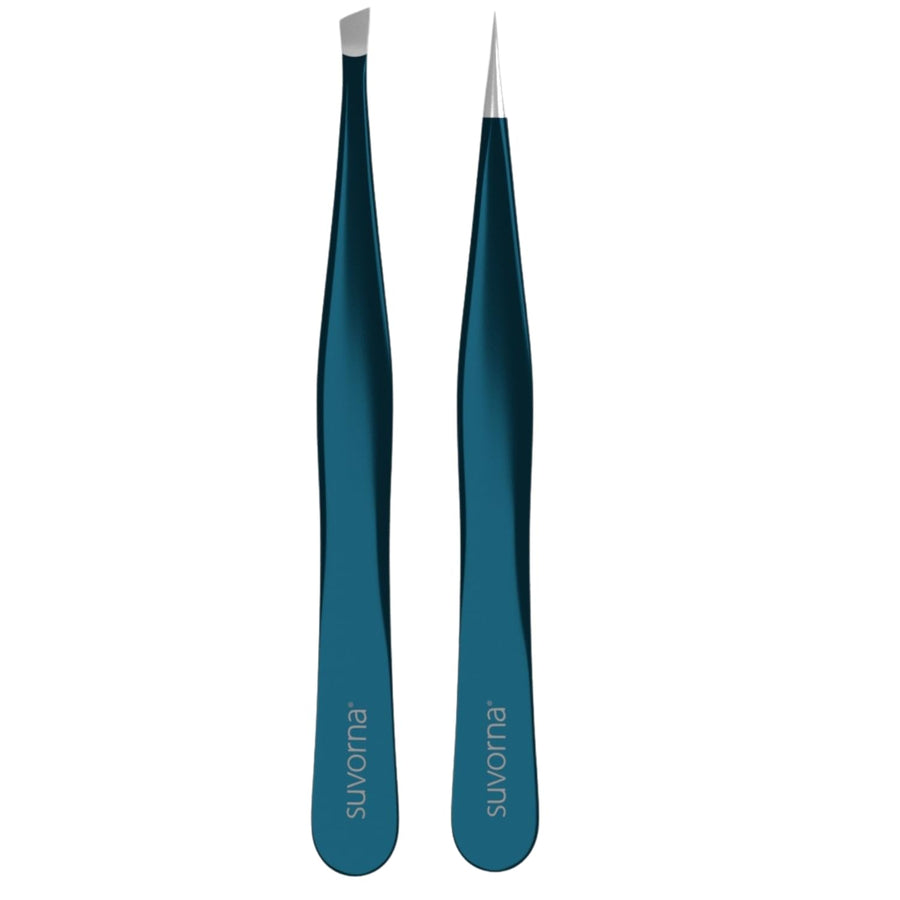 4 Precision Aligned Professional Tweezers Color Sets with Premium Stainless Steel. One Sharp Pointed Pair and One Slant Tip Pair for Eyebrow Shaping. Great for Ingrown Hair (Green)
