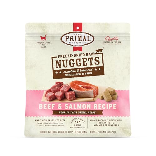 Primal Freeze Dried Raw Cat Food Nuggets Beef & Salmon, Complete & Balanced Meal or Topper, Premium, Healthy, Grain Free, High Protein Raw Cat Food with Probiotics (14 oz)