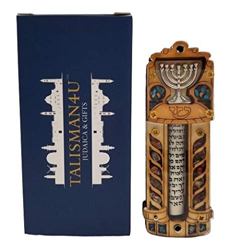 Jewish MEZUZAH CASE with Scroll Menorah Wood &amp; 