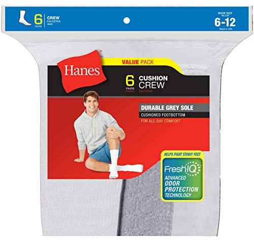 mens 6-pack Cushion crew socks, White, 6 12 US