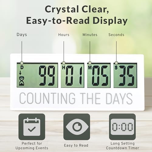 Counting the Days Countdown Clock - Up to 999 Days LCD Digital Timer - Easy to Set &amp; Read Reusable Count Down Timer for Retirement, Wedding, Christmas, Holiday,Baby Due Date,Birthday &amp; More