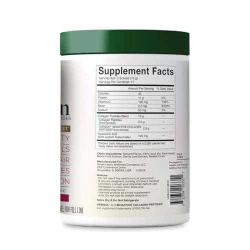 Beauty Boost Advanced Collagen Peptides Powder with Hyaluronic Acid, Biotin, Vitamin C - Skin Elasticity and Hydration - Raspberry Lemonade Flavor - Non-GMO, Keto, Kosher - 8 oz