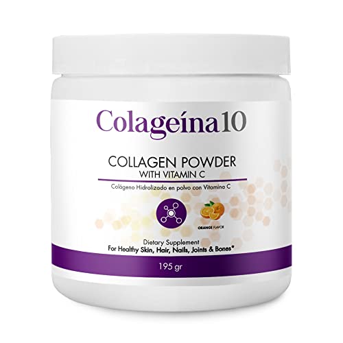 Hydrolyzed Collagen Powder with Vitamin C (195 gr) - Orange Flavor - Anti-Aging Dietary Supplement for Healthy Skin, Hair, Nails, Joints, and Bones