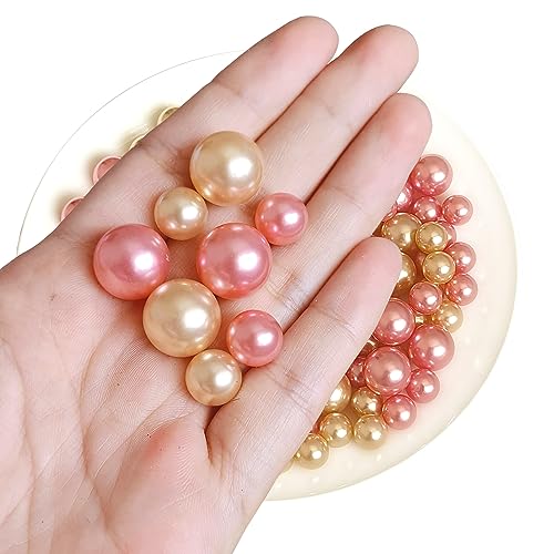 140 Pieces Floating Pearls for Vase Filler Gold Pink Pearl Beads No Hole Pearls Vase Pearls Makeup Beads for Brushes Holder, Home Wedding Decor 10/14mm(Gold and Pink)