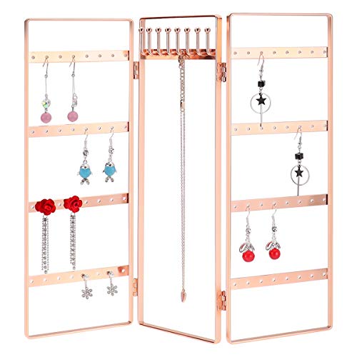 3-Panel Jewelry Organizer, Metal Jewelry Holder, Foldable Jewelry Hanger, Portable Jewelry Display Rack for Earrings, Necklaces &amp; Bracelets (Rose Gold)