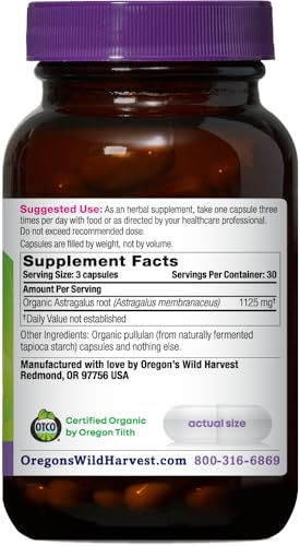 Oregon&#39;s Wild Harvest, Certified Organic Astragalus Capsules for Immunity Support, 1125 MGS, 90 Count