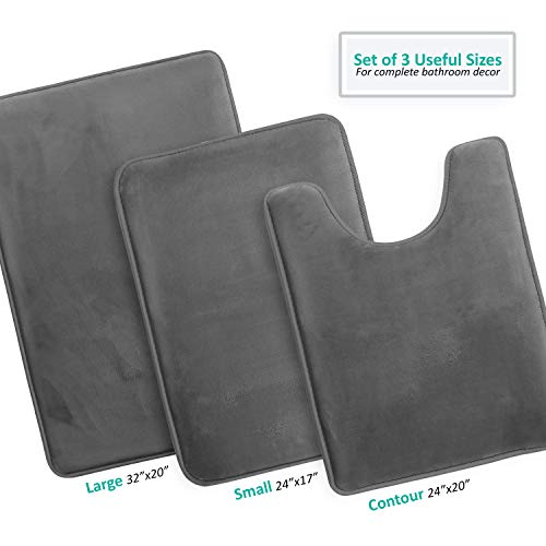 3 Piece Bathroom Rugs Bath Mat Set, Velvet Memory Foam Bath Mats for Bathroom - Non-Slip, PVC Backing Bath Rugs, Washable Bathroom Rug Mats - Dries Quickly, Grey Bathroom Rug Set