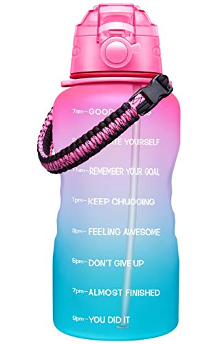 Large 1 Gallon Motivational Water Bottle with Paracord Handle & Removable Straw - BPA Free Leakproof Water Jug with Time Marker to Ensure You Drink Enough Water - Light Pink/Green