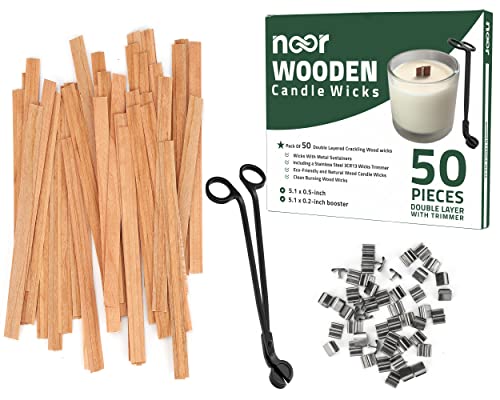 50 Pieces Smokeless Wooden Wicks with Trimmer for Candle Making and 5.1 X 0.2 inch Booster - 5.1 X 0.5 inch Crackling Wood Wick for DIY Candles with 50pcs Metal Clips