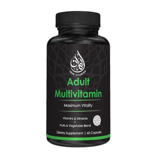 Iman Vitamins Halal Complete Multivitamin Capsules for Adults Men & Women | 42 Fruit & Vegetable Blend with Iron, Zinc, CoQ10, Folic Acid, and Vitamin A, B1, B3, B6, B12, C, D3, E | 60 Count