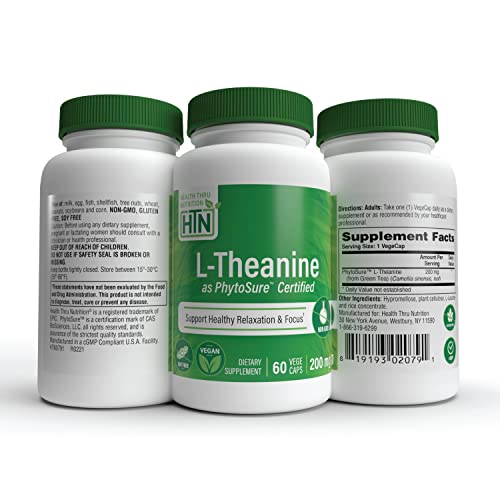 Health Thru Nutrition L-Theanine 200mg 60 Vegecaps PhytoSure Certified | Supports Healthy Relaxation & Focus | 3rd Party Tested | Clean Label, Non-GMO, Gluten & Soy Free, Hypoallergenic