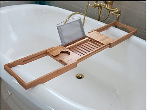 Bamboo Bathtub Tray - Wood Bath Caddy with Book, Phone, or Tablet Rest, Cup Holder, and Extended Sides for Bath Accessories (Natural)