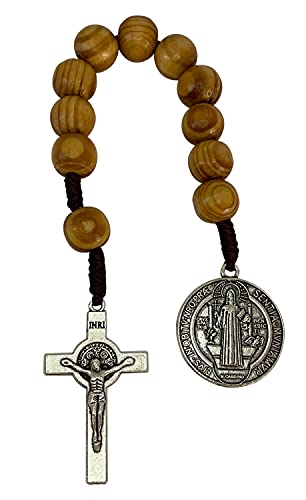 Saint Benedict Medal Prayer Pocket Rosary Catholic Brown Wood Beads San Benito Tenner Open Style One Decade Rosary