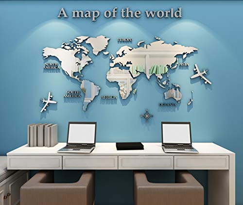 3D Wall Stickers - DIY World Map Wall Decal Sticker Murals Map Wall Décor for Living Room Bedroom TV Background Home Decorations(Silver,M: 120x60 cm)