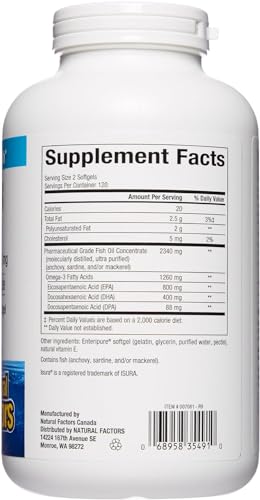 , RxOmega-3 Fish Oil, Pharmaceutical Grade, 1260 mg Omega-3 Per Serving, No Fishy Aftertaste, 240 Count (Pack of 1)