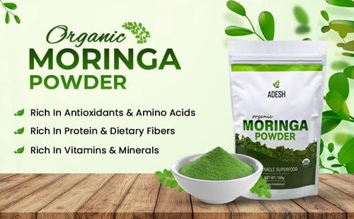 Adesh Moringa Powder 16g|100% Pure Moringa Leaf Powder |Non GMO, Metabolism & Immune Support. Perfect for Smoothies and Drinks. Pure Supergreen, Vegan Greens, and Nature's Multivitamin (1lb)